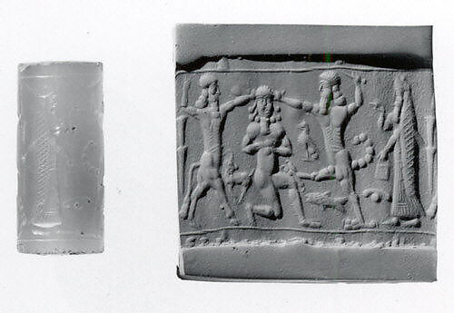 Cylinder seal with three-figure contest scene, Neutral Chalcedony (Quartz), Assyro-Babylonian 