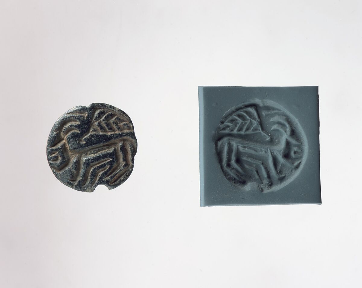Stamp seal and modern impression: horned animal and bird, Steatite or chlorite 