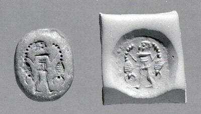 Stamp seal (ovoid) with three-figure contest scene, Limestone, Syro-Anatolian-Levantine 