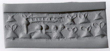 Cylinder seal and modern impression: "pigtailed" ladies in front of loom (?); containers with loop handle, Chlorite 