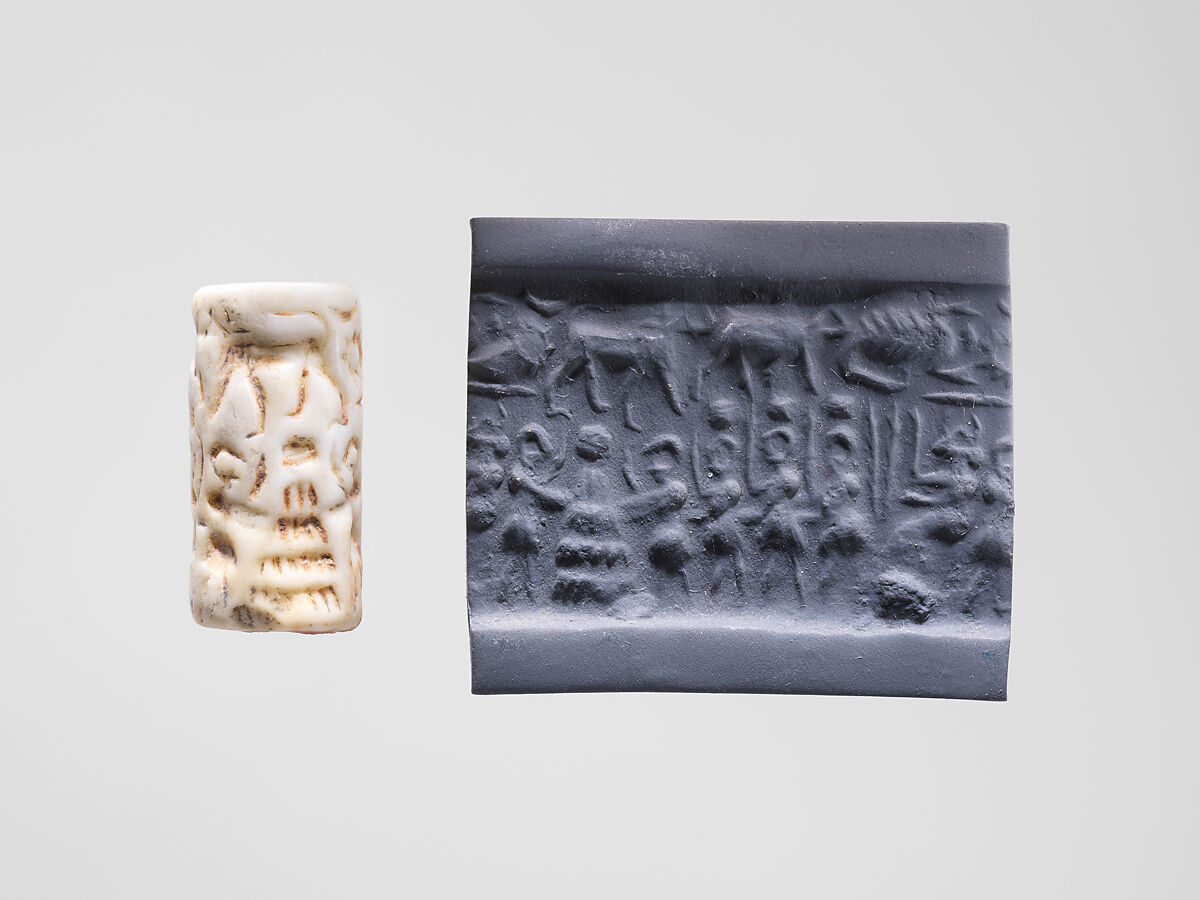Cylinder seal and modern impression: seated goddess before figures carrying boxes, one placed on "altar", Marble, Sumerian 