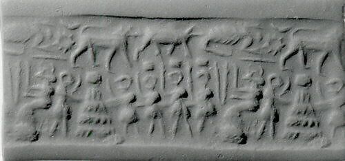 Cylinder seal and modern impression: seated goddess before figures carrying boxes, one placed on "altar", Marble, Sumerian