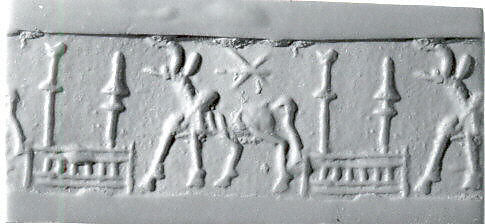 Cylinder seal with animal and divine symbols, Blue-green glazed Faience, Elamite 