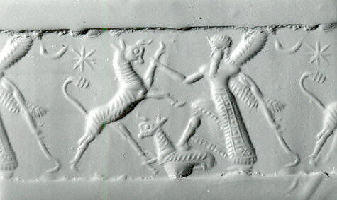 Cylinder seal with two-figure contest scene, Flawed neutral Chalcedony (Quartz), Babylonian 