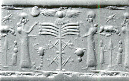 Cylinder seal with cultic scene, Neutral Chalcedony (Quartz), possibly etched to produce white mottling, Assyrian 