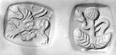 Double-sided stamp seal: snake behind tree; winged dragon, Iron, manganese oxide, Bactria-Margiana Archaeological Complex 