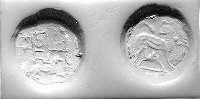 Stamp seal (bifacial disk) with cultic scene and monsters, Limestone (?), Assyrian 