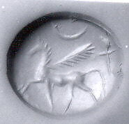Stamp seal (scaraboid) with monster and divine symbols, Brecciated brown, white, and red Chalcedony (Quartz), pseudomorph possibly after gypsum, Assyro-Babylonian 