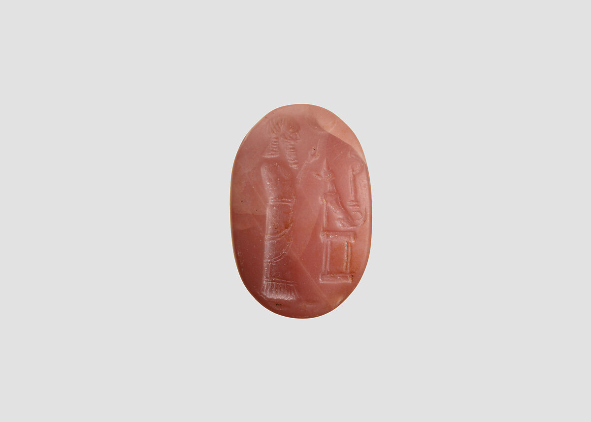 Stamp seal (oval conoid) with cultic scene, Flawed pink Carnelian (Quartz), Assyro-Babylonian