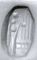 Stamp seal (octagonal pyramid) with cultic scene, Neutral Chalcedony (Quartz), possibly etched to produce yellow mottling, Assyro-Babylonian 