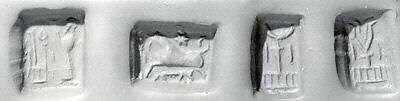 Stamp seal (cubical) with cultic scene, animals, and divine symbols, Marble (?), Assyrian 