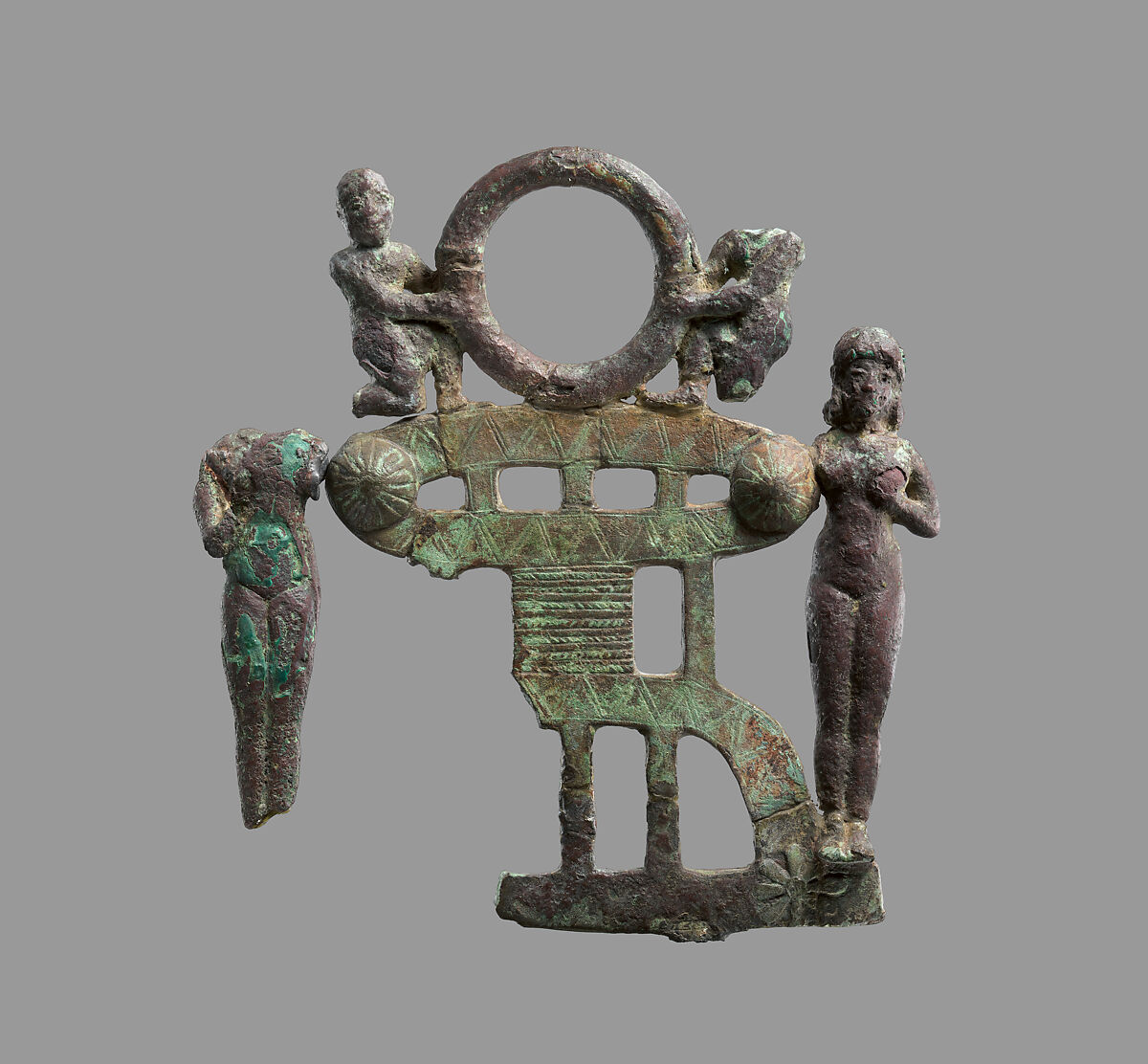 Openwork plaque with figures, Bronze, Babylonian 