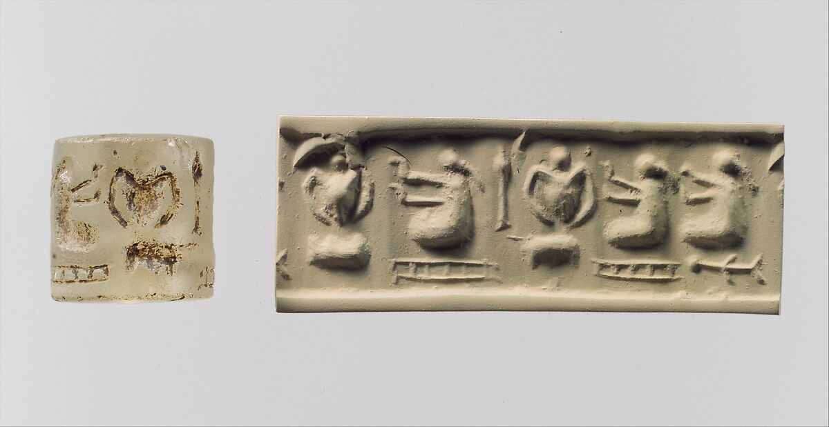 Cylinder seal and modern impression: three "pigtailed ladies" with double-handled vessels, Rock crystal 
