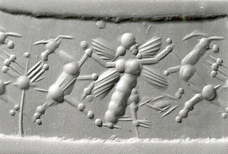 Cylinder seal with three-figure contest scene, Neutral Chalcedony (Quartz), Babylonian 