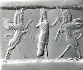 Cylinder seal with three-figure contest scene, Neutral Chalcedony (Quartz), Assyro-Babylonian 