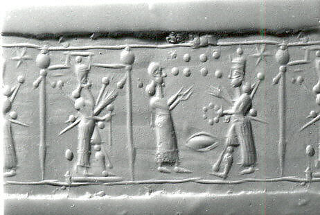 Cylinder seal with cultic scene, Flawed Carnelian (Quartz), Assyrian 