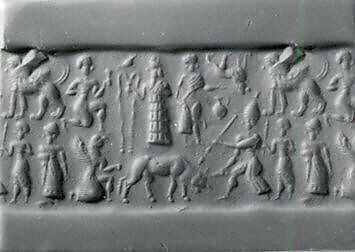 Cylinder seal and modern impression: man spearing bull; griffin demon; deities above