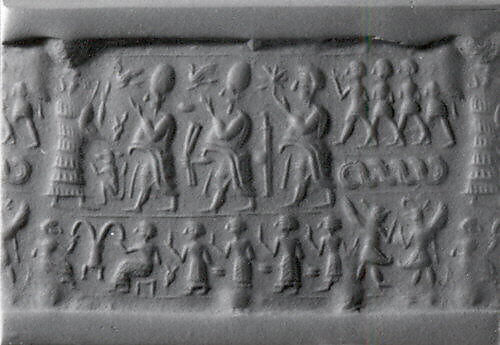 Cylinder seal and modern impression: above, royal figures approaching a suppliant goddess; below, a banquet scene