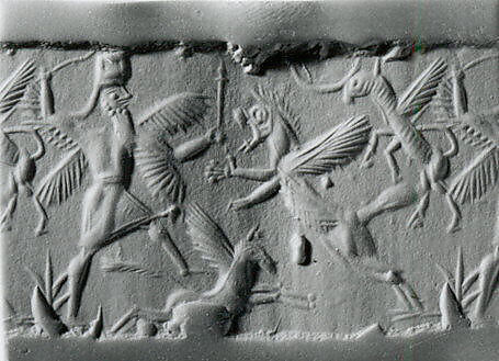 Cylinder seal with two-figure contest scene, Variegated white and beige Chalcedony (Quartz), Babylonian 