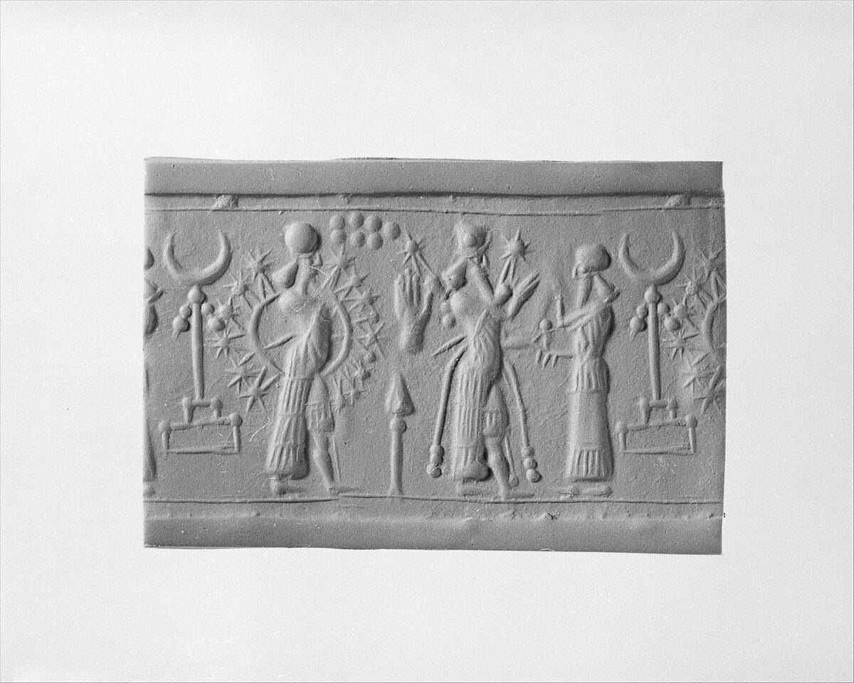 Stamp-cylinder seal with cultic scene, Banded red and beige Siltstone, Assyro-Babylonian 