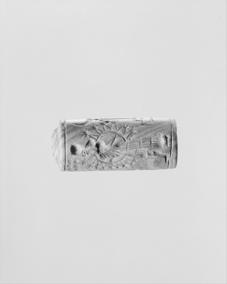 Stamp-cylinder seal with cultic scene, Banded red and beige Siltstone, Assyro-Babylonian
