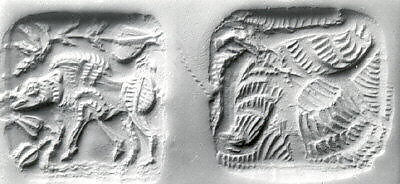Double-sided stamp seal and modern impression: striding boar; vulture, Stone, dark gray, Bactria-Margiana Archaeological Complex 