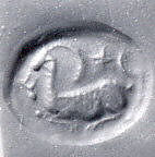 Stamp seal (scaraboid) with animal and divine symbols, Stone, black, Assyrian 