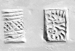 Stamp seal (grooved tabloid) with three-figure contest scene and geometric design, Glazed steatite, Syro-Anatolian-Levantine 