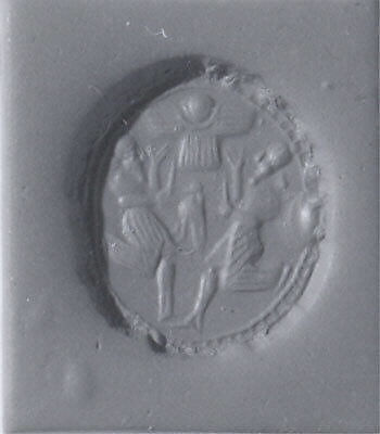 Stamp seal (scaraboid) with cultic scene, Veined neutral Chalcedony (Quartz), Assyrian 