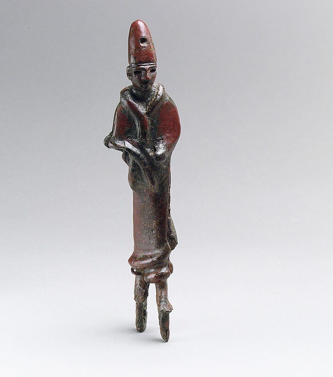 Royal or divine figure with high conical headdress, Bronze 