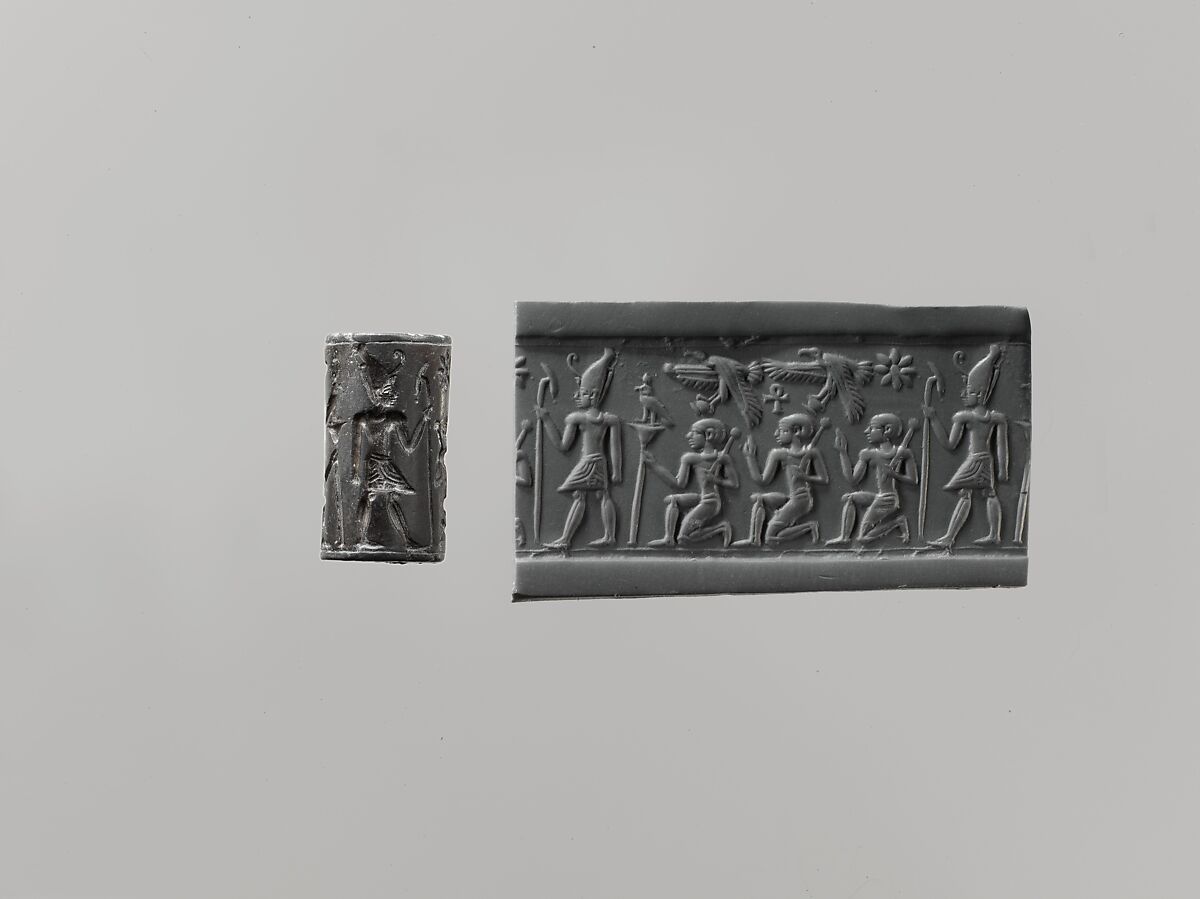 Cylinder seal and modern impression: pharaoh wearing Double Crown, kneeling figures below vultures holding shn symbols; ankh, Hematite