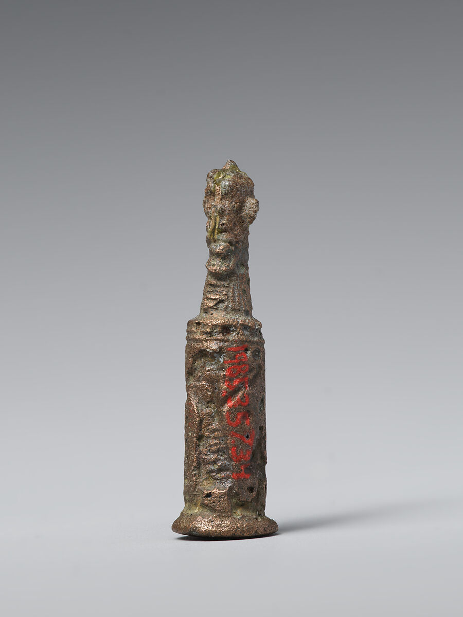 Stamp-cylinder seal with cultic scene, surmounted by (a plaster copy?) double-faced Pazuzu head, Copper/bronze alloy, plaster, Urartian