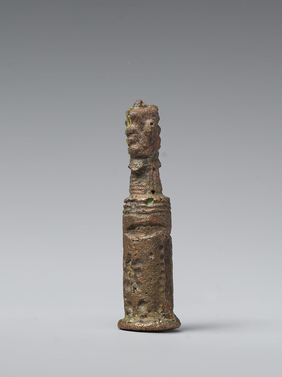 Stamp-cylinder seal with cultic scene, surmounted by (a plaster copy?) double-faced Pazuzu head, Copper/bronze alloy, plaster, Urartian