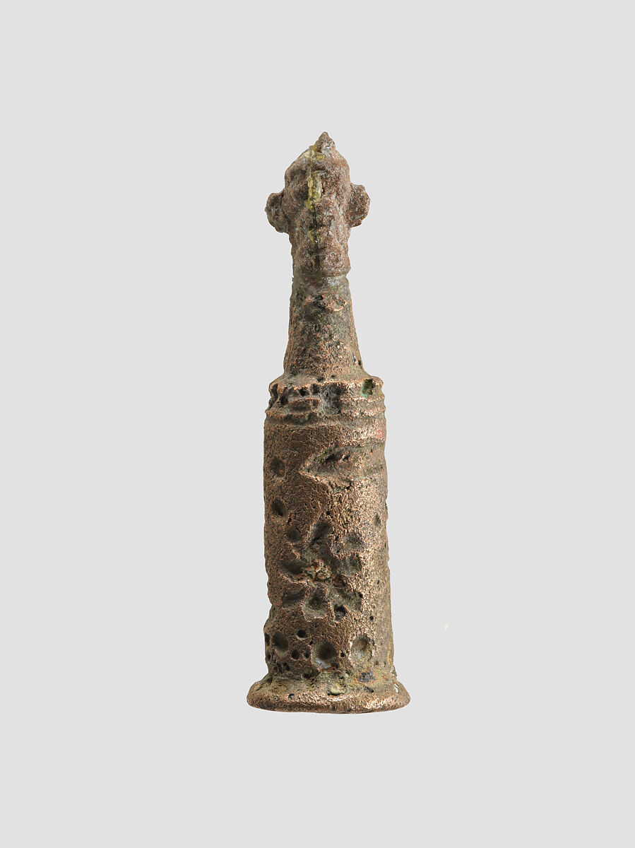 Stamp-cylinder seal with cultic scene, surmounted by (a plaster copy?) double-faced Pazuzu head, Copper/bronze alloy, plaster, Urartian