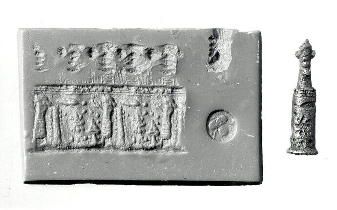 Stamp-cylinder seal with cultic scene, surmounted by (a plaster copy?) double-faced Pazuzu head, Copper/bronze alloy, plaster, Urartian 
