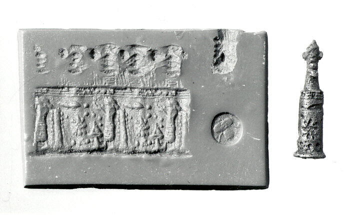 Stamp-cylinder seal with cultic scene, surmounted by (a plaster copy?) double-faced Pazuzu head, Copper/bronze alloy, plaster, Urartian