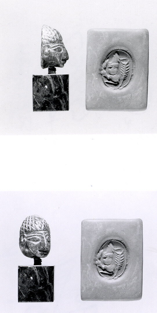 Stamp seal (in the shape of a human head) with animal, Greenstone, Syro-Anatolian-Levantine 