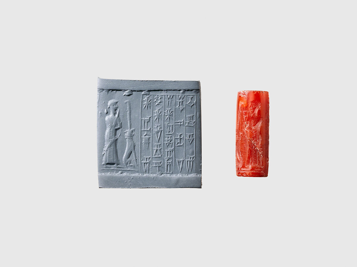 Cylinder seal and modern impression: male worshiper, dog surmounted by a standard
