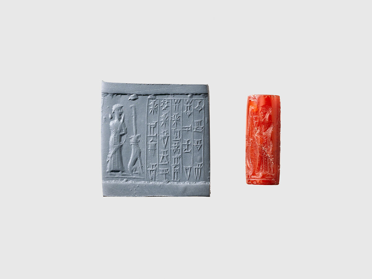 Cylinder seal and modern impression: male worshiper, dog surmounted by a standard, Carnelian, Kassite