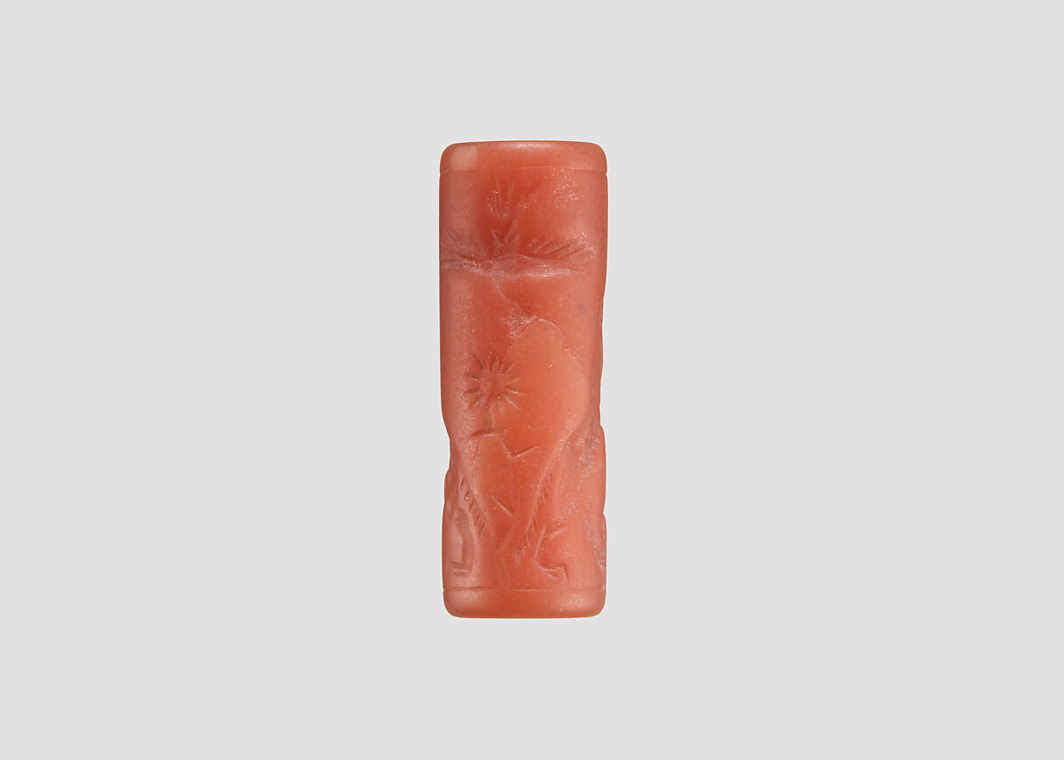 Cylinder seal and modern impression: rampant lions over grazing ram, Carnelian, Assyrian
