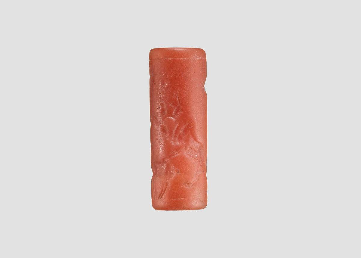 Cylinder seal and modern impression: rampant lions over grazing ram, Carnelian, Assyrian