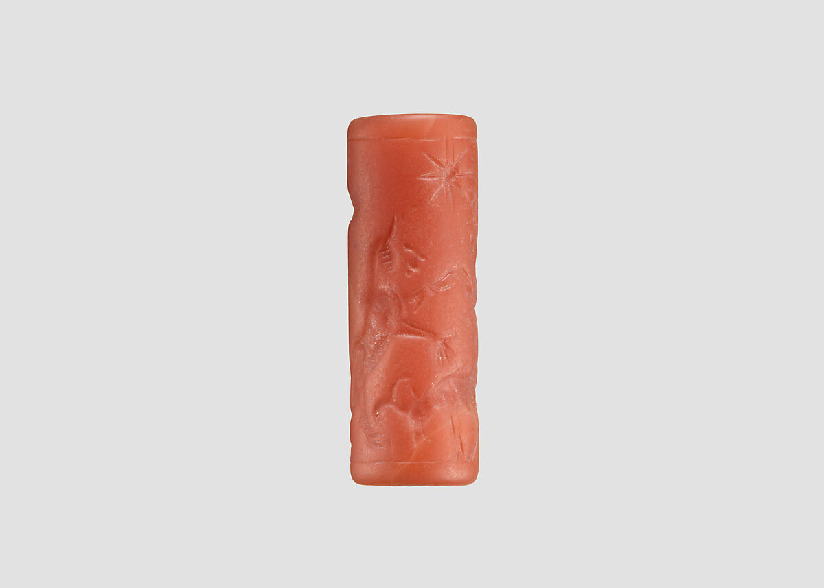 Cylinder seal and modern impression: rampant lions over grazing ram, Carnelian, Assyrian