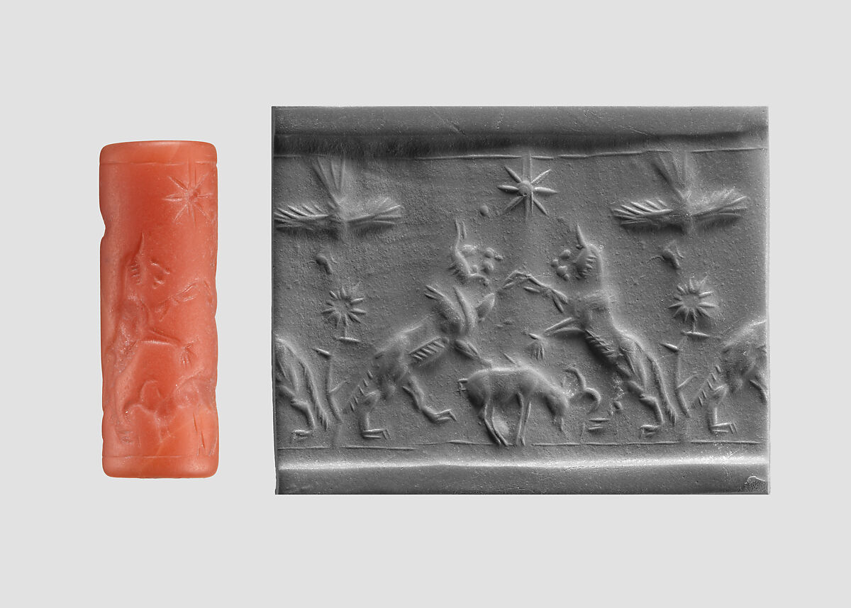 Cylinder seal and modern impression: rampant lions over grazing ram, Carnelian, Assyrian 