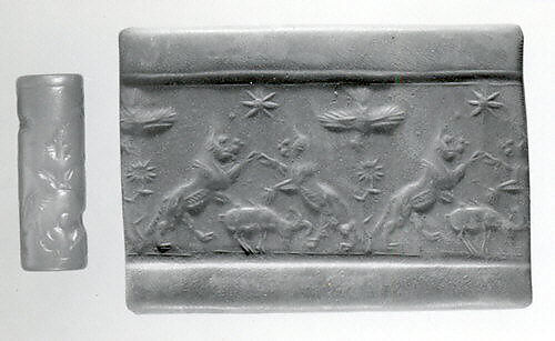 Cylinder seal and modern impression: rampant lions over grazing ram, Carnelian, Assyrian 