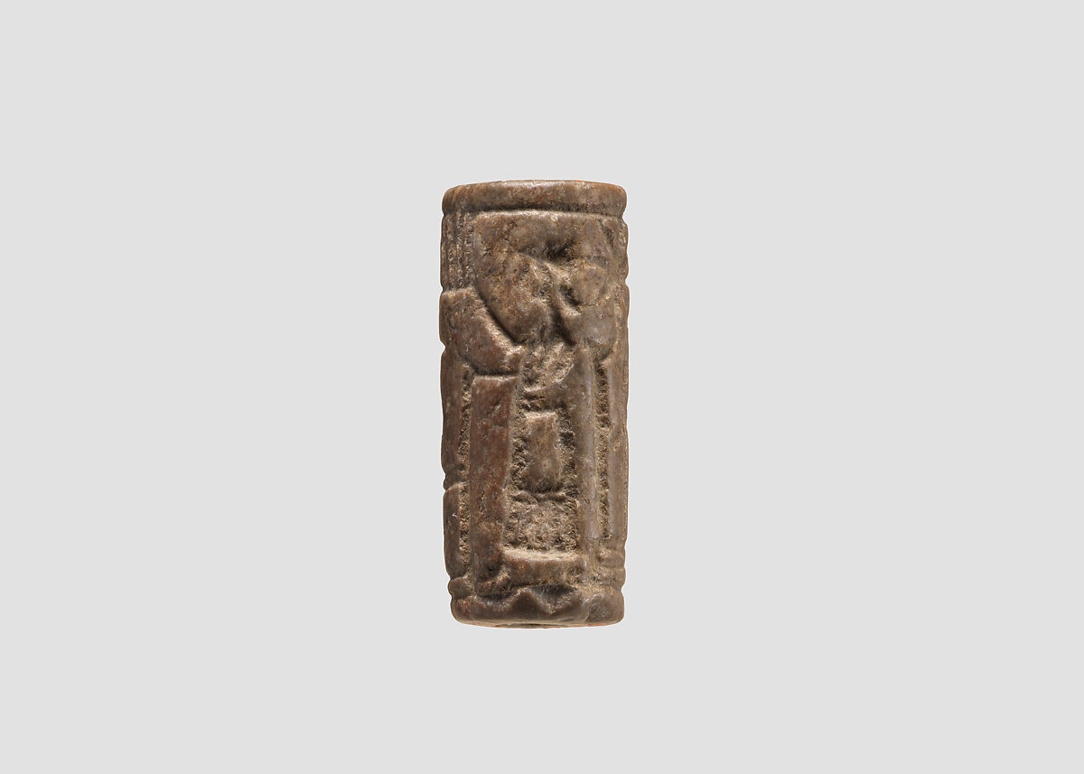 Cylinder seal with cultic banquet scene, Brown Limestone, Assyrian