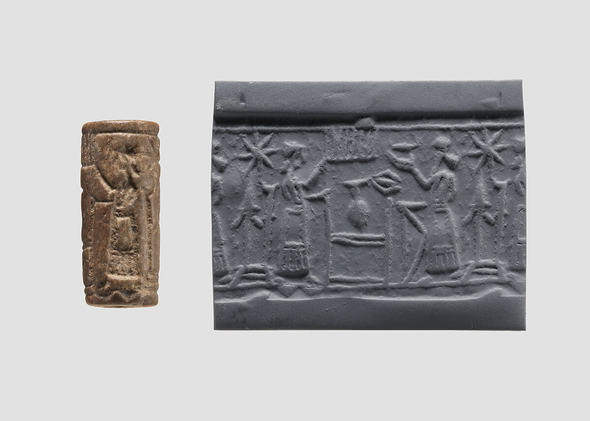 Cylinder seal with cultic banquet scene, Brown Limestone, Assyrian 