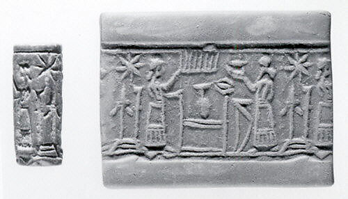 Cylinder seal with cultic banquet scene, Brown Limestone, Assyrian 