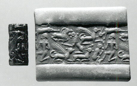 Cylinder seal and modern impression: nude male, griffins, monkey, lion, goat, Hematite, Mitanni 