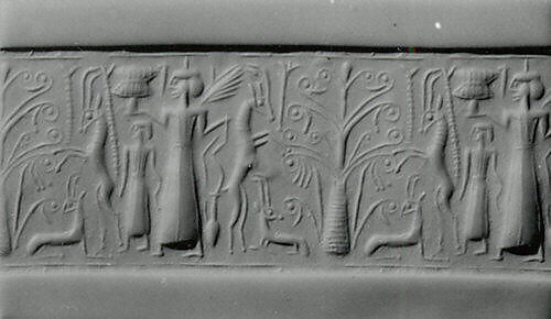 Cylinder seal and modern impression: mistress of animals flanked by rampant horned animals, Hematite, Cypriot 