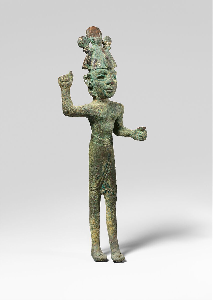 Smiting god, wearing an Egyptian atef crown, Bronze, Canaanite